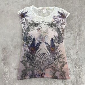 y2k white floral rhinestone cyber graphic semi sheer cap sleeve top medium